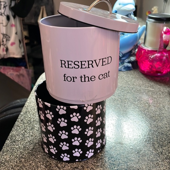 **5 for $20** RESERVED FOR THE CAT double metal stacked canister for cat treats - Picture 2 of 3